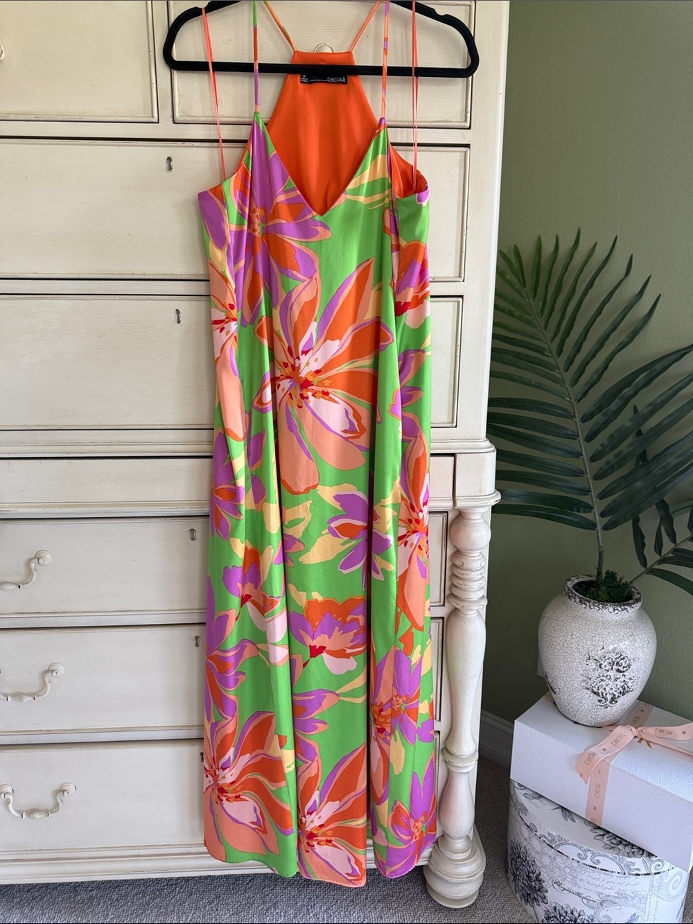 Chetta B Green Floral Slip Dress with Orange, Pink & Purple Blooms
